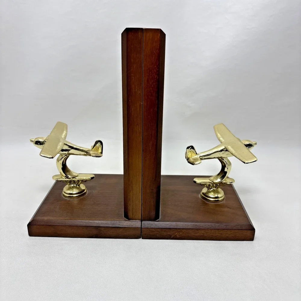 Vintage Art Deco Style Brass Airplane Wooden Bookends Book Ends Wood Plane
